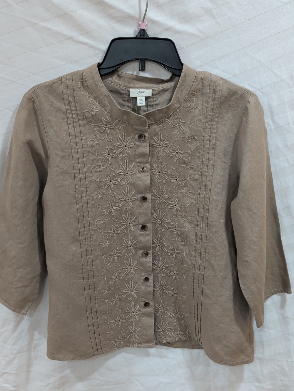 J. Jill Taupe Embroidered Button-Front Top 100% Linen Size XS